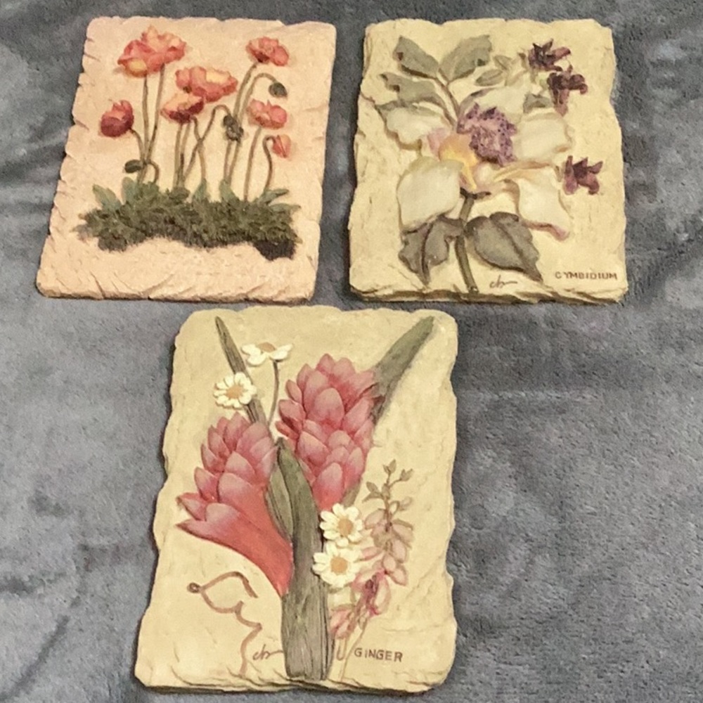 3 Cheri Blum 3-D floral wall plaque resin, flower decor, decorative art
